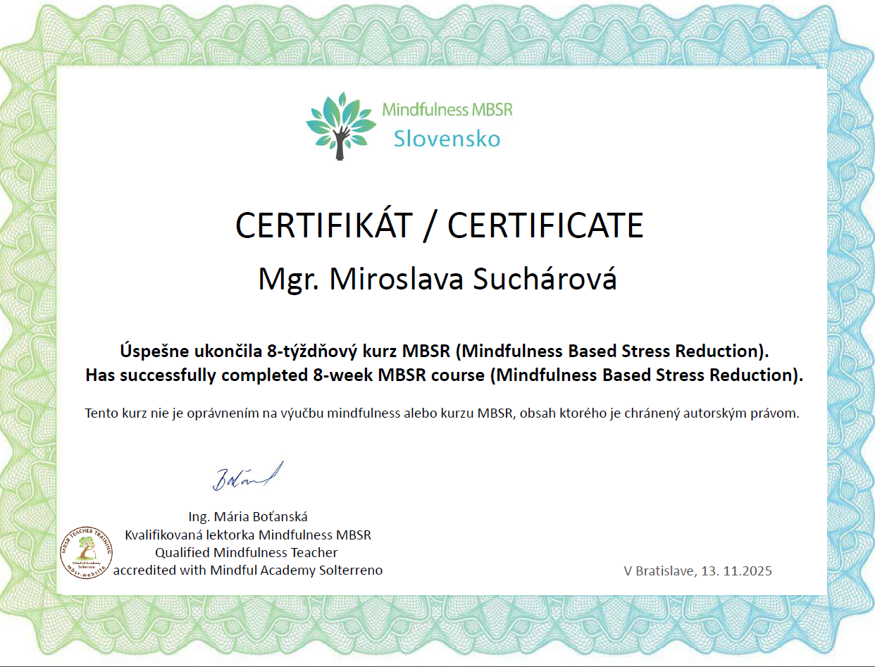 Certifikát o absolvovaní kurzu MBSR Slovensko.