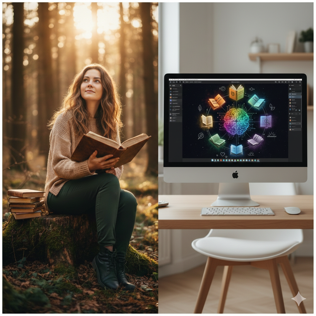Knihy o rodičovstve, minimalizme i mindfulness ako cesta ku kvalitnému copywritingu. Zdroj foto: Vytvorené pomocou AI